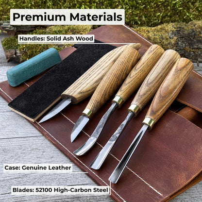 5-piece wood carving tool set with sharpening board and leather case by Sharky Forged Steel Tools