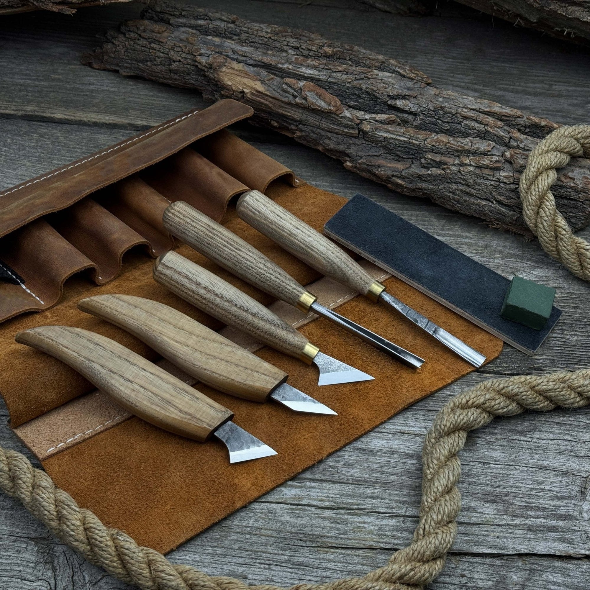 5-piece wood carving tool set with sharpening board and leather case by Sharky Forged Steel Tools