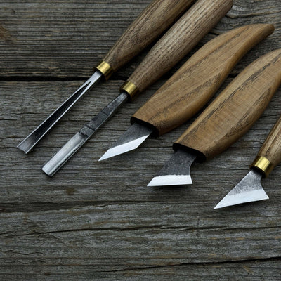 5-piece wood carving tool set with sharpening board and leather case by Sharky Forged Steel Tools