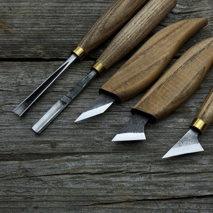 5-piece wood carving tool set with sharpening board and leather case by Sharky Forged Steel Tools