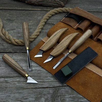 5-piece wood carving tool set with sharpening board and leather case by Sharky Forged Steel Tools