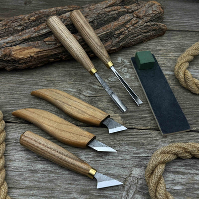 5-piece wood carving tool set with sharpening board and leather case by Sharky Forged Steel Tools