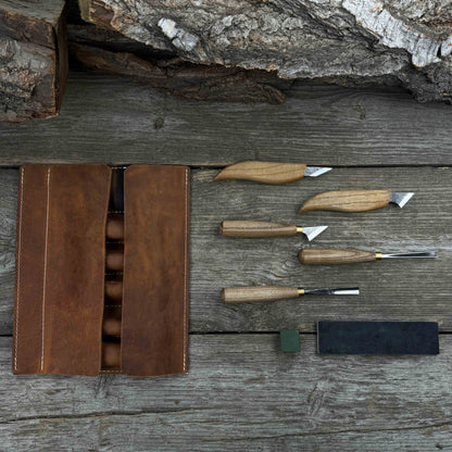 5-piece wood carving tool set with sharpening board and leather case by Sharky Forged Steel Tools