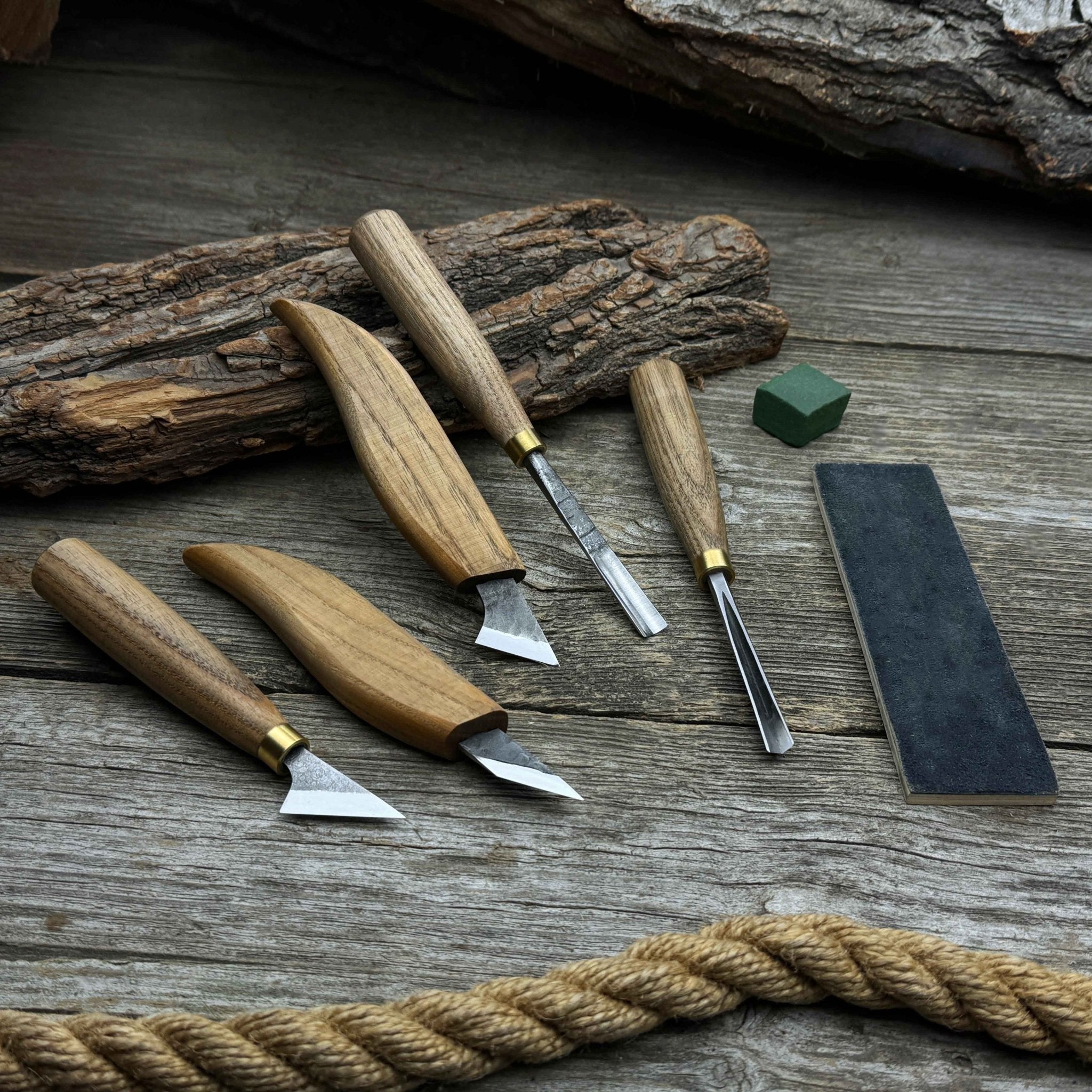 5-piece wood carving tool set with sharpening board and leather case by Sharky Forged Steel Tools