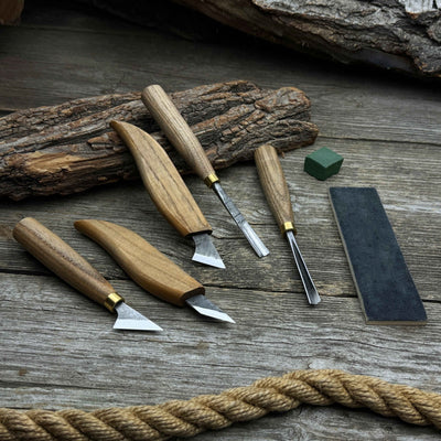 5-piece wood carving tool set with sharpening board and leather case by Sharky Forged Steel Tools