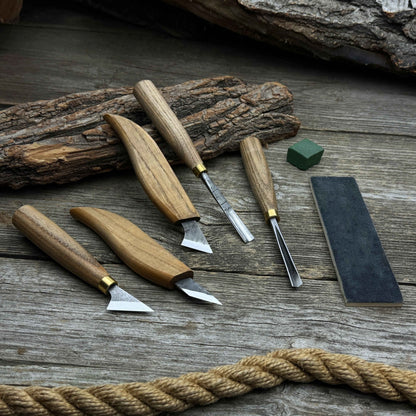 5-piece wood carving tool set with sharpening board and leather case by Sharky Forged Steel Tools