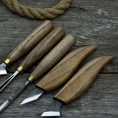5-piece wood carving tool set with sharpening board and leather case by Sharky Forged Steel Tools