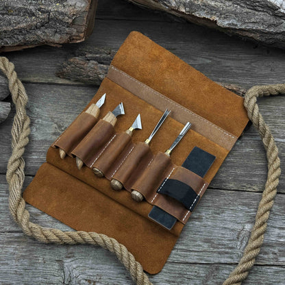 5-piece wood carving tool set with sharpening board and leather case by Sharky Forged Steel Tools