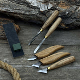 5-piece wood carving tool set with sharpening board and leather case by Sharky Forged Steel Tools