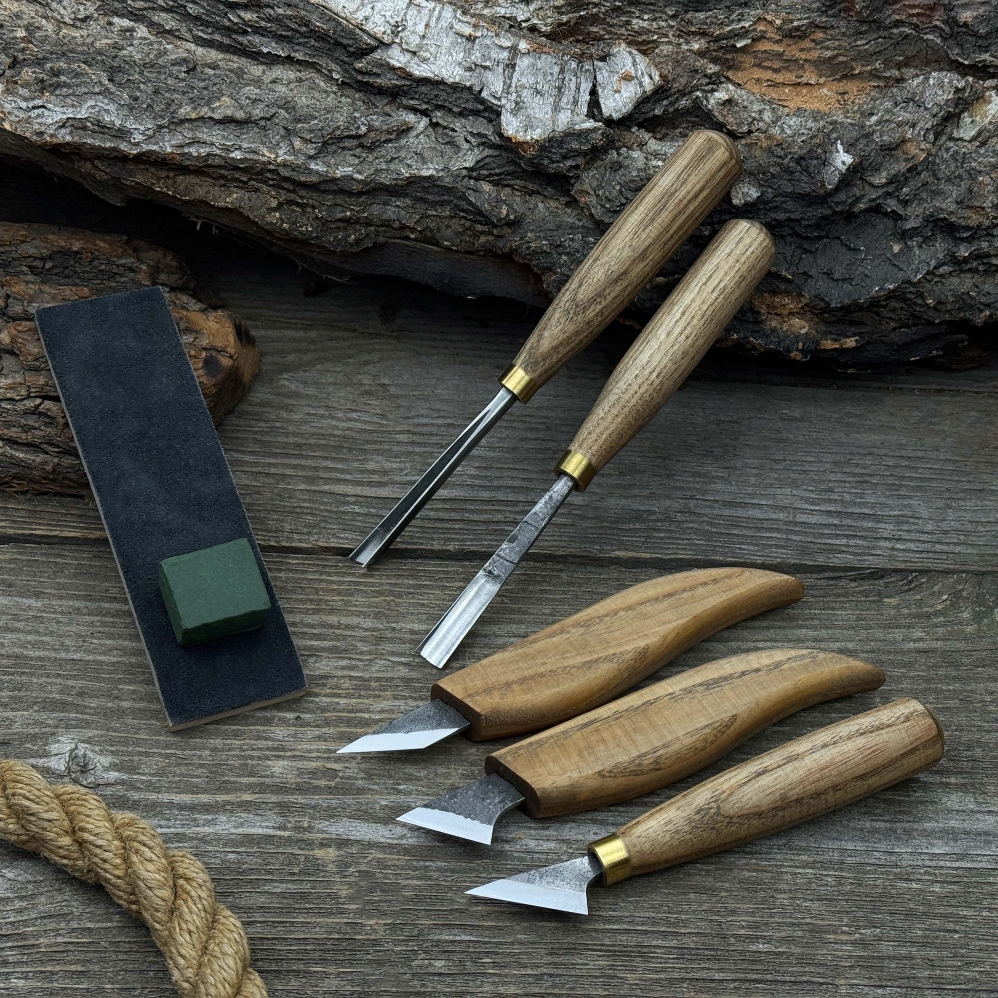 5-piece wood carving tool set with sharpening board and leather case by Sharky Forged Steel Tools