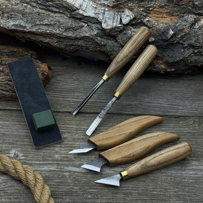 5-piece wood carving tool set with sharpening board and leather case by Sharky Forged Steel Tools