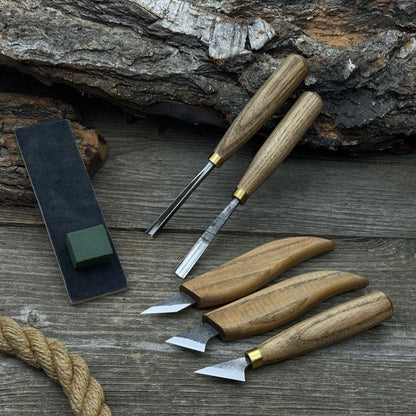 5-piece wood carving tool set with sharpening board and leather case by Sharky Forged Steel Tools