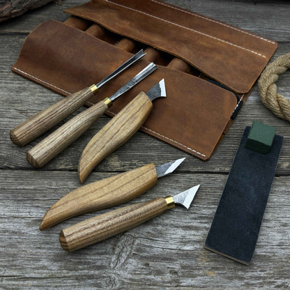 5-piece wood carving tool set with sharpening board and leather case by Sharky Forged Steel Tools