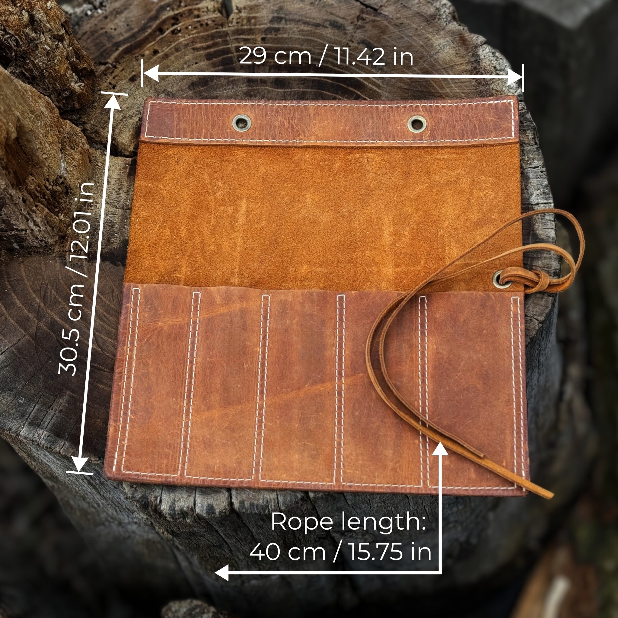 Handmade 5 Pocket Leather Chisel Roll made from genuine Crazy Horse leather by Sharky Forged Steel Tools