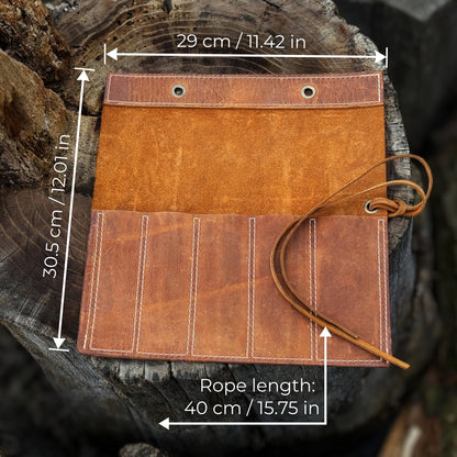 Handmade 5 Pocket Leather Chisel Roll made from genuine Crazy Horse leather by Sharky Forged Steel Tools