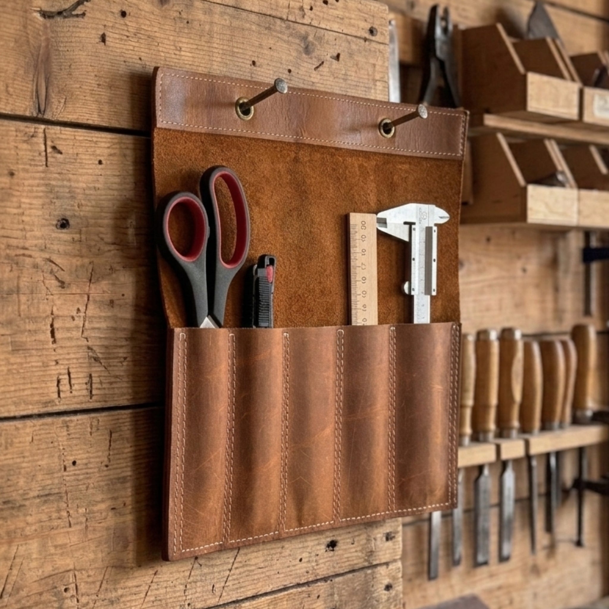 Handmade 5 Pocket Leather Chisel Roll made from genuine Crazy Horse leather by Sharky Forged Steel Tools