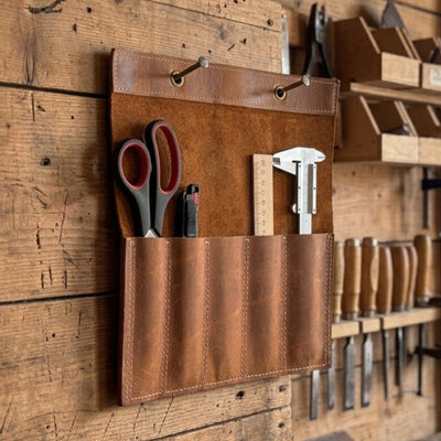 Handmade 5 Pocket Leather Chisel Roll made from genuine Crazy Horse leather by Sharky Forged Steel Tools