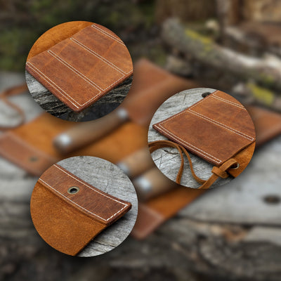 Handmade 5 Pocket Leather Chisel Roll made from genuine Crazy Horse leather by Sharky Forged Steel Tools