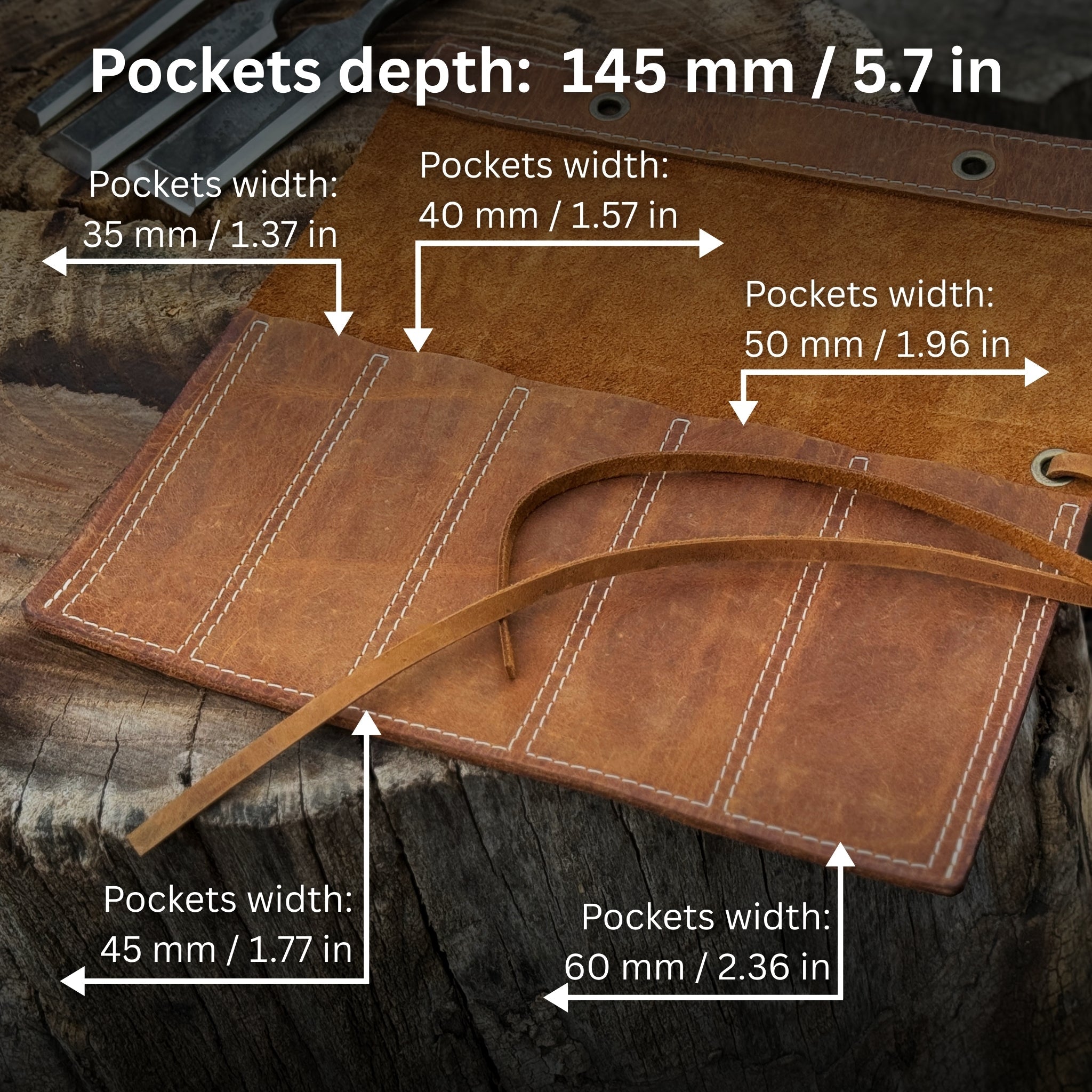 Handmade 5 Pocket Leather Chisel Roll made from genuine Crazy Horse leather by Sharky Forged Steel Tools