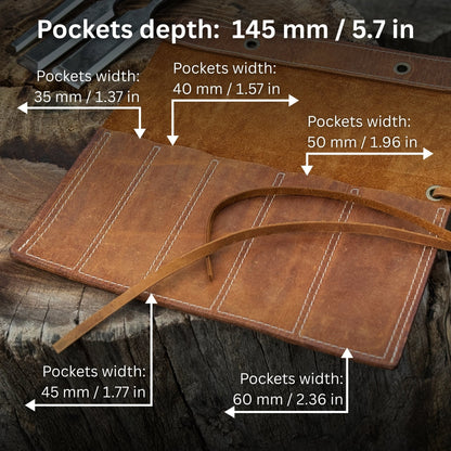 Handmade 5 Pocket Leather Chisel Roll made from genuine Crazy Horse leather by Sharky Forged Steel Tools