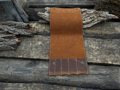 Sharky Forged Steel Tools 5 Pocket Leather Tool Case in two shades of brown leather with button closures