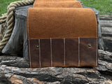 Sharky Forged Steel Tools 5 Pocket Leather Tool Case in two shades of brown leather with button closures