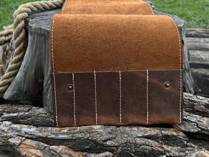 Sharky Forged Steel Tools 5 Pocket Leather Tool Case in two shades of brown leather with button closures