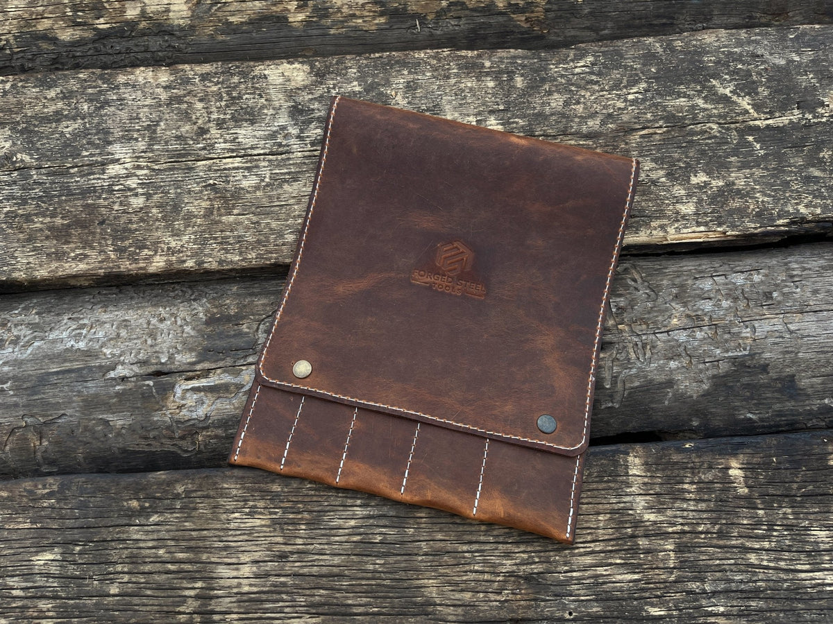 Sharky Forged Steel Tools 5 Pocket Leather Tool Case in two shades of brown leather with button closures