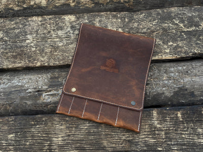 Sharky Forged Steel Tools 5 Pocket Leather Tool Case in two shades of brown leather with button closures