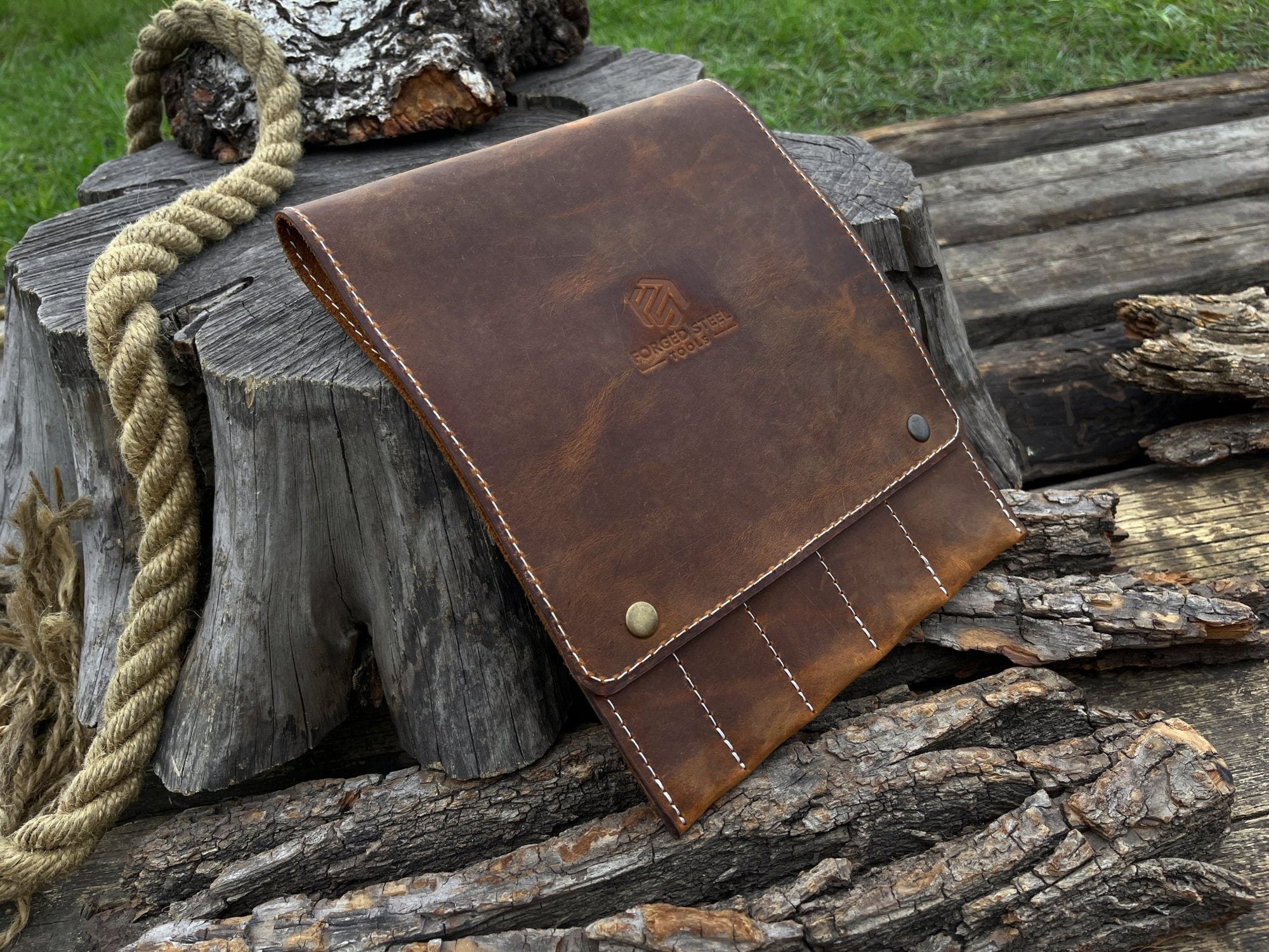 Sharky Forged Steel Tools 5 Pocket Leather Tool Case in two shades of brown leather with button closures