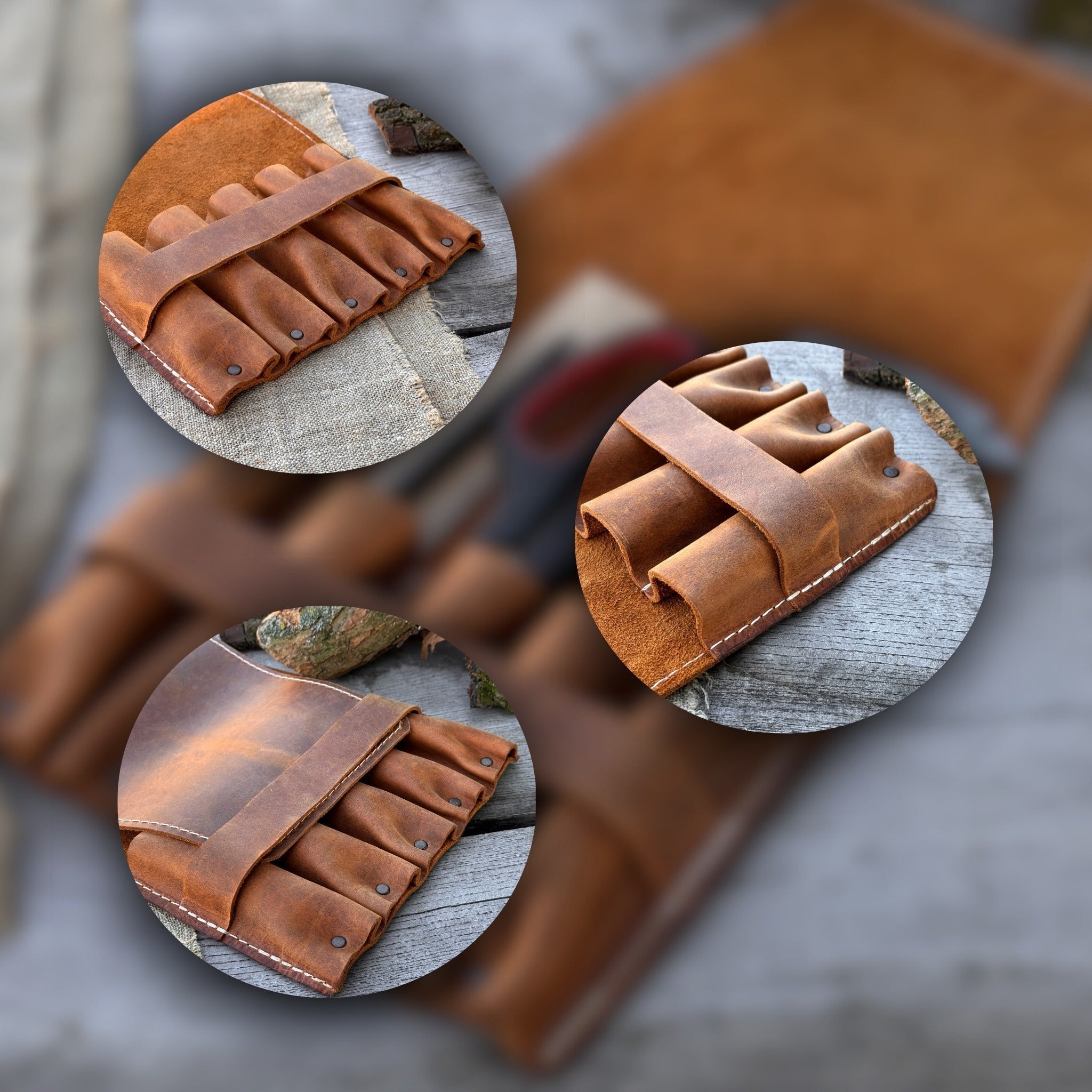 5-pocket leather tool case made from Crazy Horse leather with five tool pockets and leather strap closure