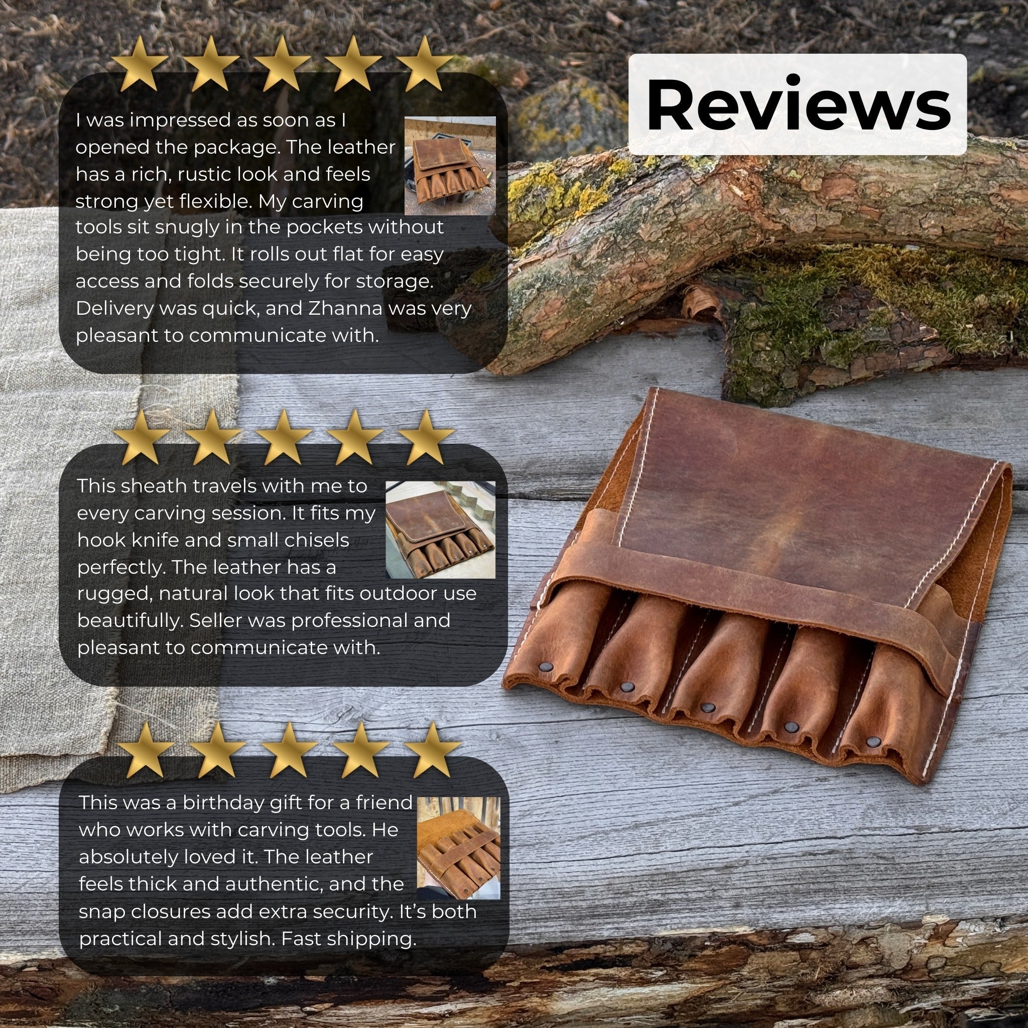 5-pocket leather tool case made from Crazy Horse leather with five tool pockets and leather strap closure