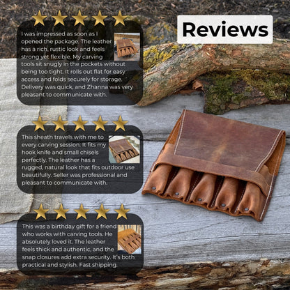 5-pocket leather tool case made from Crazy Horse leather with five tool pockets and leather strap closure