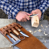 5-pocket leather tool case made from Crazy Horse leather with five tool pockets and leather strap closure