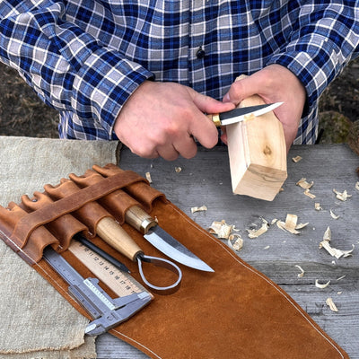 5-pocket leather tool case made from Crazy Horse leather with five tool pockets and leather strap closure