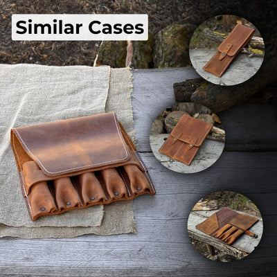 5-pocket leather tool case made from Crazy Horse leather with five tool pockets and leather strap closure