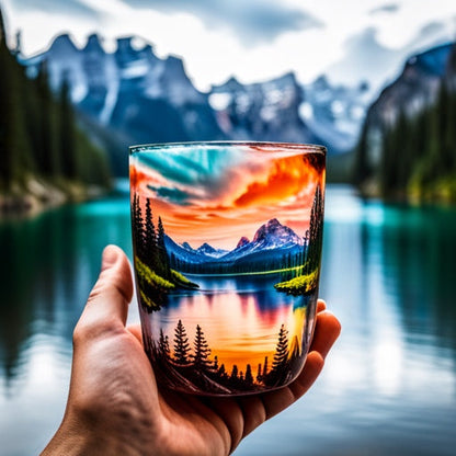 Hand holding a glass with a mountain landscape design against a scenic lake and mountains backdrop