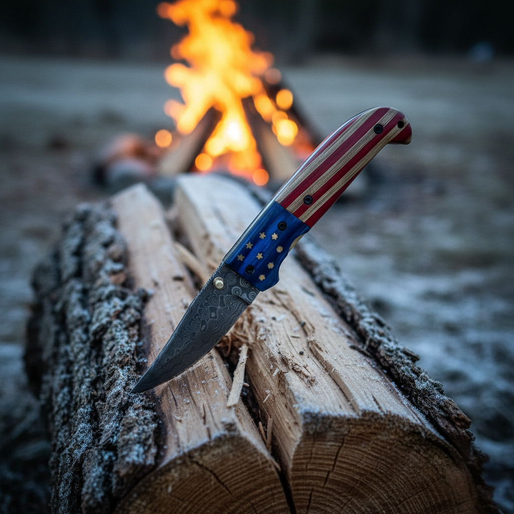 Patriot Damascus Folding Knife - TF-100 with hand-forged Damascus steel blade and red, white, and blue resin handle accented by brass pins