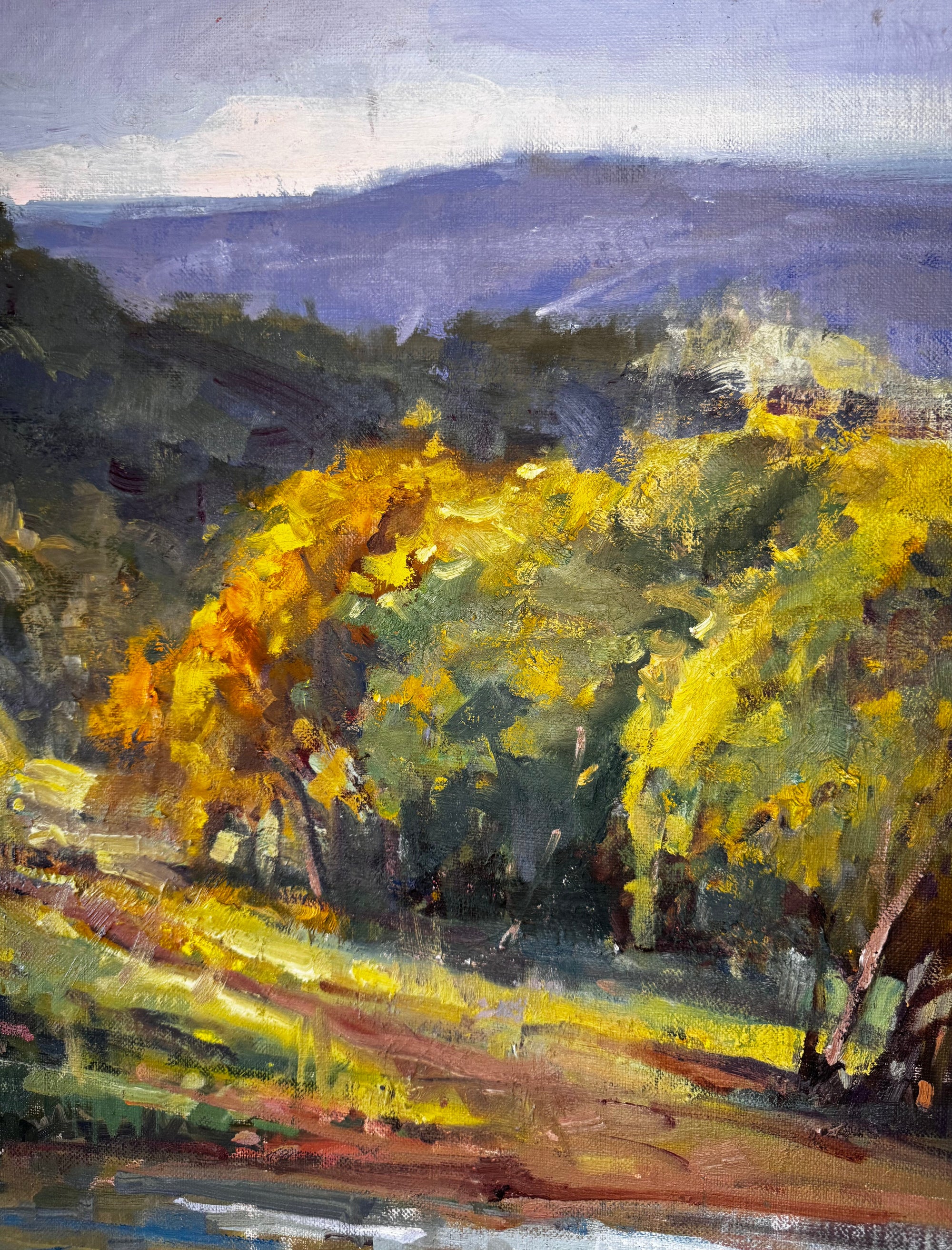Original coastal landscape painting titled Fifty by John Beard, 18x18 inches on board.