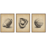 Walnut Antique Football 3 Piece Framed Canvas Wall Art Set showing antique football images in Sylvie frames