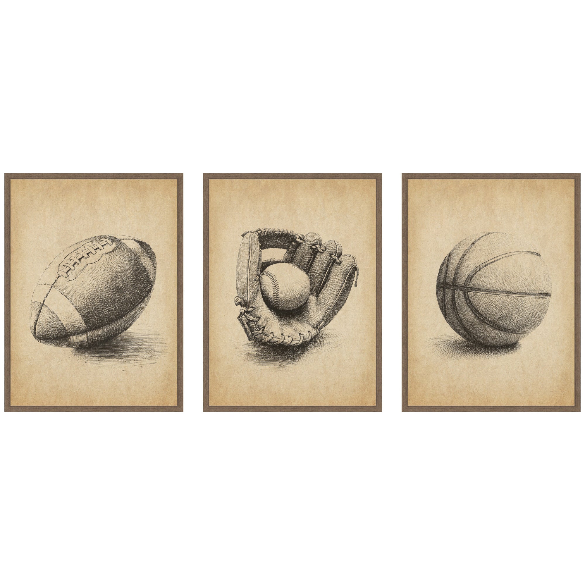 Walnut Antique Football 3 Piece Framed Canvas Wall Art Set showing antique football images in Sylvie frames