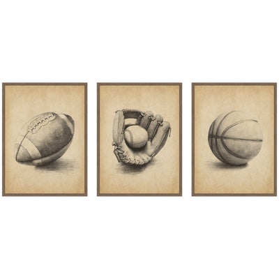 Walnut Antique Football 3 Piece Framed Canvas Wall Art Set showing antique football images in Sylvie frames