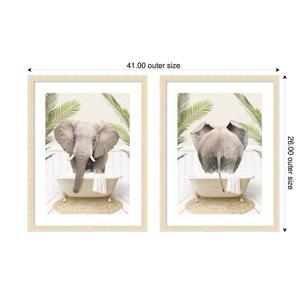 Two framed prints showing an elephant in a white clawfoot bathtub with green palm leaves and a beige rug, one with the elephant facing front and the other from behind.