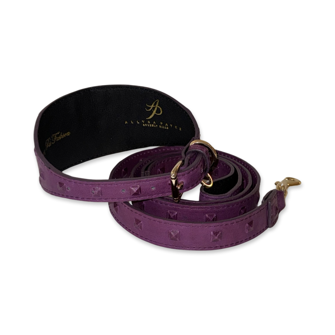 Glamorous Boysenberry Embossed Studded Italian Leather 3” Wide Collar & Leash Set
