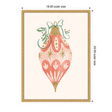Illustration of a pink and gold vintage holiday ornament with green ribbon and sprigs, framed in light wood measuring 18 by 24 inches.