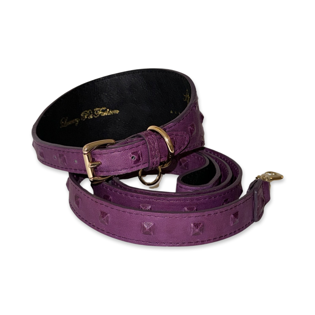 Glamorous Boysenberry Embossed Studded Italian Leather 3” Wide Collar & Leash Set