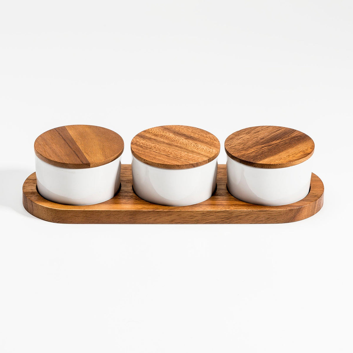 Ceramic Condiment Set on Acacia Wood Base by Kalmar Home - product image 2 for Resin Society