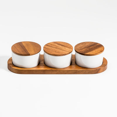 Ceramic Condiment Set on Acacia Wood Base by Kalmar Home - product image 2 for Resin Society