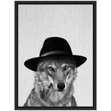 Monochrome portrait of a wolf wearing a wide-brimmed black hat and smoking a pipe, set against a textured light gray background and framed in black.