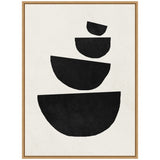 Abstract composition of four stacked irregular black semicircles on a textured off-white background framed in light wood.